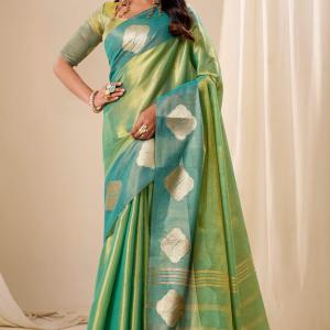 Staring Sea Green Pure Zari Weaving Banarasi Tissue Silk Saree With Tremendous Blouse Piece