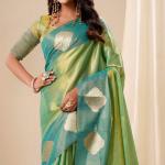 Staring Sea Green Pure Zari Weaving Banarasi Tissue Silk Saree With Tremendous Blouse Piece