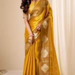 Gossamer Mustard Pure Zari Weaving Banarasi Tissue Silk Saree With Majesty Blouse Piece