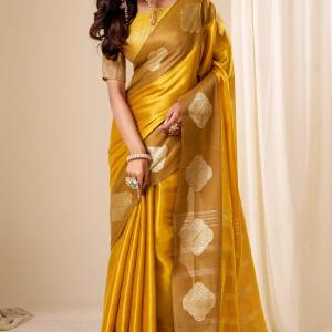 Gossamer Mustard Pure Zari Weaving Banarasi Tissue Silk Saree With Majesty Blouse Piece