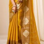 Gossamer Mustard Pure Zari Weaving Banarasi Tissue Silk Saree With Majesty Blouse Piece