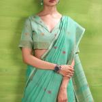 Rhapsodic Turquoise Cotton Silk Saree With Hypnotic Blouse Piece
