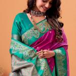Trendy Magenta Banarasi Satin Silk Saree With Twirling Blouse