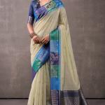 Proficient Beige And Blue Cotton Silk Saree With Engrossing Blouse Piece