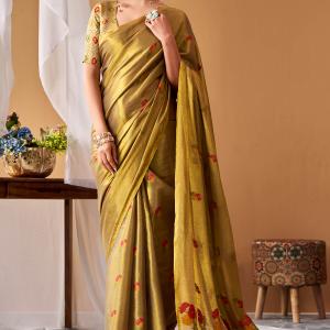 Groovy Mehndi Banarasi Tissue Silk Saree With Effulgent Blouse Piece
