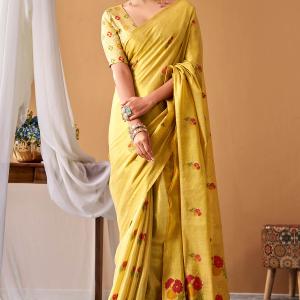 Stunning Yellow Banarasi Tissue Silk Saree With Snazzy Blouse Piece