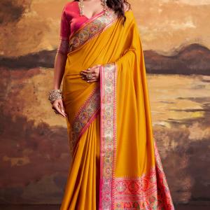 Skinny Yellow Patola Silk Saree with Luminous Blouse Piece