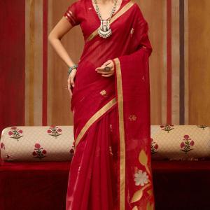 Innovative Red Pure Munga Cotton Silk Saree With Enigmatic Blouse Piece