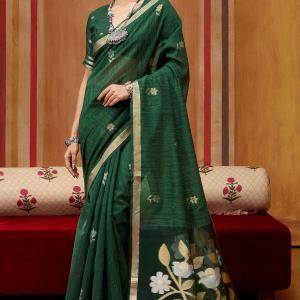 Inimitable Dark Green Pure Munga Cotton Silk Saree With Effulgent Blouse Piece