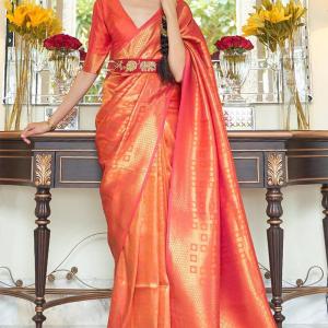 Panoply Orange Kanjivaram Silk Saree with Luxuriant Blouse Piece
