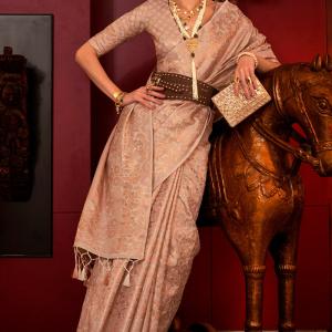 Eye-catching Beige Soft Banarasi Silk Saree With Stylish Blouse Piece