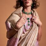 Eloquence Off White and Lavender Kanjivaram Silk Saree With Prettiest Blouse Piece