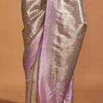 Eloquence Off White and Lavender Kanjivaram Silk Saree With Prettiest Blouse Piece