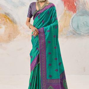 Symmetrical Sea Green Kanjivaram Silk Saree With Panache Blouse Piece