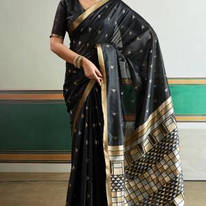 Unique Black Pure Zari Weaving Banarasi Tussar Silk Saree With Seraglio Blouse Piece