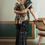 Unique Black Pure Zari Weaving Banarasi Tussar Silk Saree With Seraglio Blouse Piece