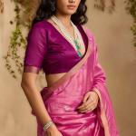 Epiphany Pink Pure Zari Weaving Banarasi Tussar Silk Saree With Beauteous Blouse Piece