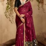 Unequalled Wine Pure Zari Weaving Banarasi Tussar Silk Saree With Quintessential Blouse Piece