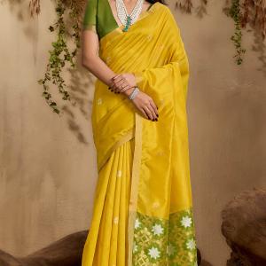 Entrancing Yellow Pure Zari Weaving Banarasi Tussar Silk Saree With Impressive Blouse Piece