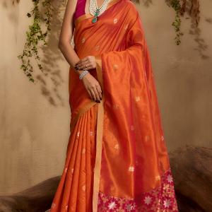Imaginative Orange Pure Zari Weaving Banarasi Tussar Silk Saree With Admirable Blouse Piece