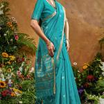 Redolent Firozi Banarasi Tussar Silk Saree With Enigmatic Blouse Piece