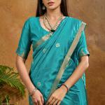 Redolent Firozi Banarasi Tussar Silk Saree With Enigmatic Blouse Piece