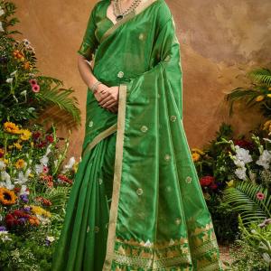 Traditional Green Banarasi Tussar Silk Saree With Glamorous Blouse Piece