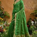 Traditional Green Banarasi Tussar Silk Saree With Glamorous Blouse Piece