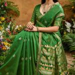 Traditional Green Banarasi Tussar Silk Saree With Glamorous Blouse Piece