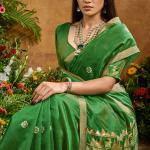 Traditional Green Banarasi Tussar Silk Saree With Glamorous Blouse Piece