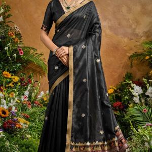 Opulent Black Banarasi Tussar Silk Saree With Nectarous Blouse Piece