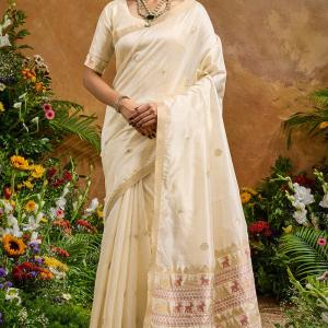 Engrossing Beige Banarasi Tussar Silk Saree With Appealing Blouse Piece