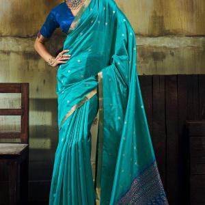 Marvellous Firozi Banarasi Handloom Silk Saree With Gratifying Blouse Piece