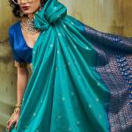 Marvellous Firozi Banarasi Handloom Silk Saree With Gratifying Blouse Piece