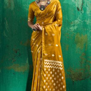 Ideal Mustard Banarasi Satin Silk Saree With Dulcet Blouse