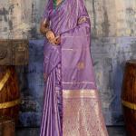 Elision Lavender Banarasi Satin Silk Saree With Ornate Blouse