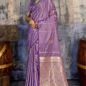Elision Lavender Banarasi Satin Silk Saree With Ornate Blouse