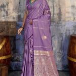 Elision Lavender Banarasi Satin Silk Saree With Ornate Blouse