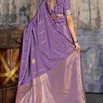 Elision Lavender Banarasi Satin Silk Saree With Ornate Blouse