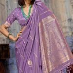 Elision Lavender Banarasi Satin Silk Saree With Ornate Blouse