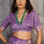 Elision Lavender Banarasi Satin Silk Saree With Ornate Blouse