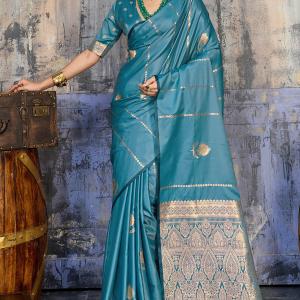 Redolent Blue Banarasi Satin Silk Saree With Ineffable Blouse