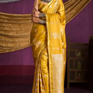 Ethnic Yellow Banarasi Satin Silk Saree With Dazzling Blouse