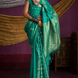 Incredible Sea Green Banarasi Satin Silk Saree With Lassitude Blouse