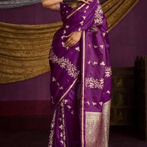 Gratifying Purple Banarasi Satin Silk Saree With Fragrant Blouse