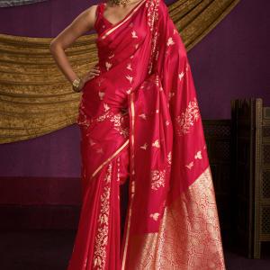 Luminous Red Banarasi Satin Silk Saree With Adorable Blouse