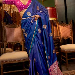 Surpassing Blue Banarasi Satin Silk Saree With Adorning Blouse