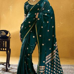 Snappy Dark Green Banarasi Satin Silk Saree With Designer Blouse