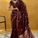 Trendy Brown Banarasi Satin Silk Saree With Ailurophile Blouse