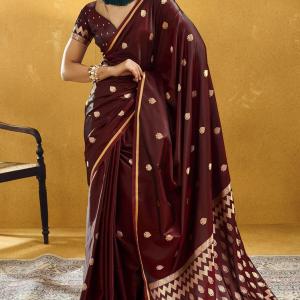 Trendy Brown Banarasi Satin Silk Saree With Ailurophile Blouse